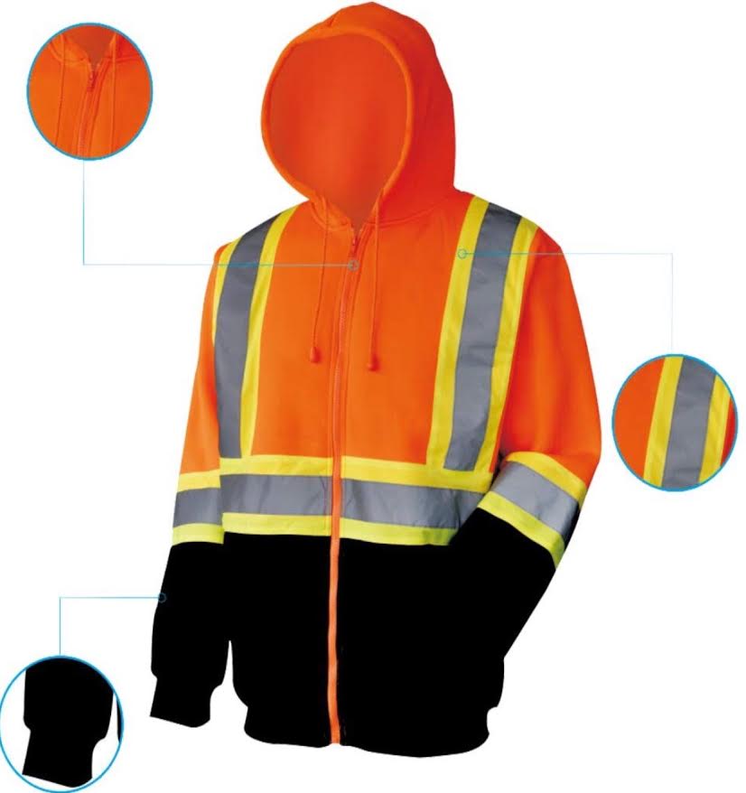 Hi-Vis Hooded Sweatshirt Class 3 Safety Hoodie Zip Front